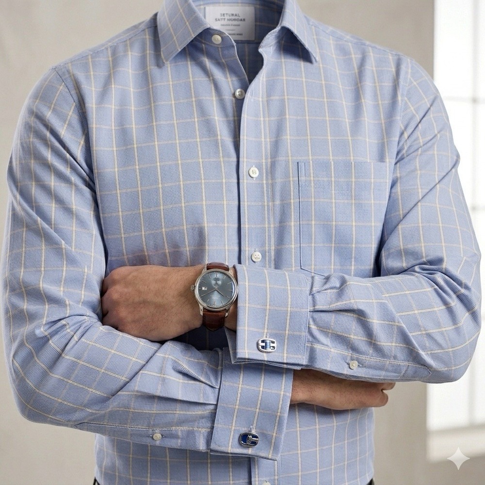 Charles Tyrwhitt Blue Dress Shirt with Cream Windowpane